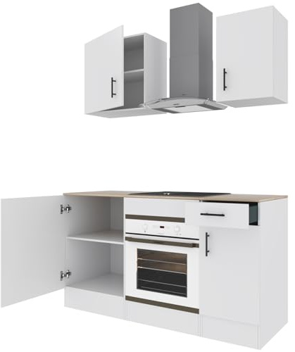 Arreditaly Cucina Componibile Completa Da 160 Cm Moderna Salvaspazio con Cassetti Ammortizzati Piedini Regolabili Moduli Pensili Facile Da Installare Bianco Lucido e Rovere