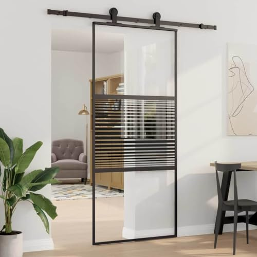 Festnight Puerta Corrediza 90 x 205 cm Puerta Corredera de Deslizante de Cristal Seguridad Puertas Interior para Sala de Estar Salón Oficina, Negro(Se excluyen guia Puerta corredera