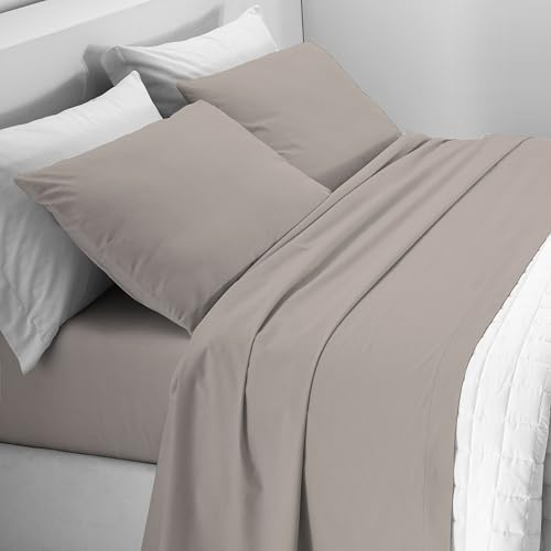 Mahome Set Completo Letto Tinta Unita in Pregiata Flanella 100% Cotone con Trattamento Antipalline - Completo Lenzuola Calde Morbide Artigianali Alta Qualità Made in Italy (Tortora, Francese)