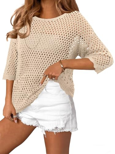 CRAZY GRID Womens Fashion Spring Summer Crew Neck Half Sleeve Crochet Top 2026 Pullover Mesh Sweaters Work Loose Shirts Beach Cover Ups Apricot XX-Large