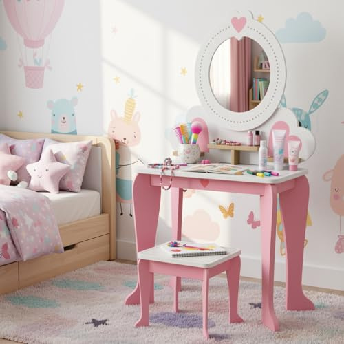 Clevich 2 in 1 Toeletta per Bambini, Toeletta da Trucco con Specchio Bambini, Scrivania in Legno con Sgabello, Robusto e Durevole, per Bambini dai 3-8 Anni (Rosa)