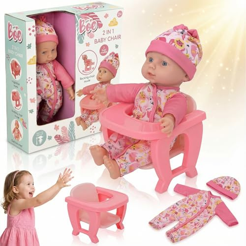 SGM 12 Baby Doll with 2‑in‑1 Highchair & Rocker, 30cm First Doll Playset for Toddlers 2+, Feeding Chair & Rocking Seat, Complete Gift Set with Outfit & Hat – Pink - 1424042.X1