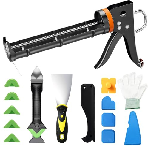 Cyiecweu Patronpress-set, silikonspruta med plaststödhandtag och verktyg för att ta bort tätningsmassa, patronpistol för badrum, kök, golv, fönster, diskhofogar, ram