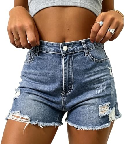 Fjquamitix Denim Shorts for Women Ripped Mid Rise Jeans for Women UK with Frayed Hem Stretch Slim Fit Ladies Jeans Casual Summer Denim Shorts