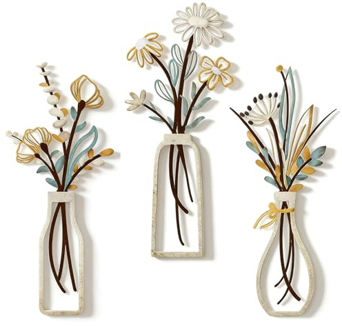 Nimblyne 3 unidades de flores de metal para decoración de pared, flores de metal coloridas, escultura de pared, flores minimalistas en jarrón, arte de pared colgante de hierro para salón, dormitorio
