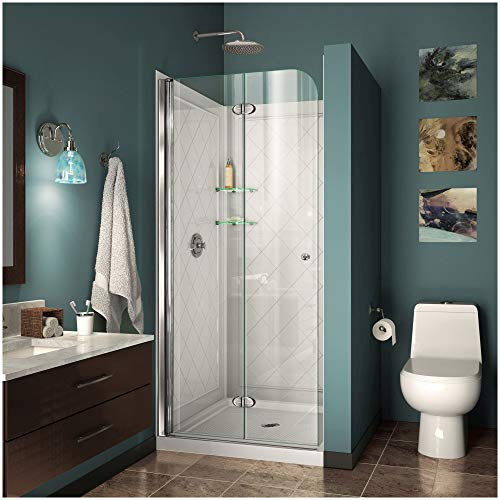 DreamLine Aqua Fold 36 in. D x 36 in. W x 76 3/4 in. H Frameless Bi-Fold Shower Door in Chrome with White Base and Backwall Kit, DL-6526-01