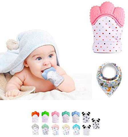 Funky Planet Beißhandschuh für Babys ab 0 Jahren - Beißhandschuh Baby Teething Toy - Raschelnder Zahnhandschuh für Zahnungshilfe aus Lebensmittelechtem Silikon + Bandana-Lätzchen mit Clip