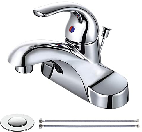 WOWOW Bathroom Faucet 1 Handle Low Arc Single Handle 4 inch Centerset Bathroom Sink Faucet with Lift Rod Drain Assembly Basin Mixer Tap Chrome Vanity Taps