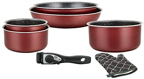 Herzberg - Batería de Cocina - Set de 3 Ollas Inducción y 2 Sartenes Antiadhesivas en Aluminio Forjado - Mangos Desmontables - Guante de Cocina Incluido - Compatible Todo Tipo de Fuegos - Burdeos