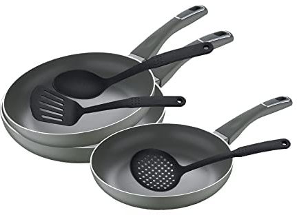 San Ignacio Trébol | Sartenes Antiadherentes | Set de 3 Piezas con 3 Utensilios de Cocina | Fabricadas con Aluminio Prensado | 20, 24 y 28cm de Diámetro| Para Todo Tipo de Cocinas.