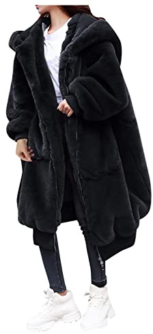 Lapirek Kunstpelzmantel Lange Frauen übergroße Kunstpelzmantel mit Kapuze Elegante Kunstpelzmantel Pelzmantel Einfache Pelzmantel Warme Plüschmantel Lose Winter Kunstpelzmantel (Schwarz, L)