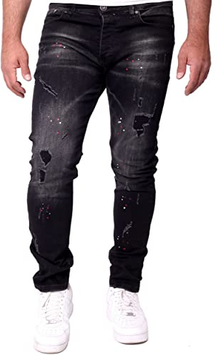 Reslad Jeans herr färgstänk stretch denim slitna jeans herrbyxor slim fit RS-2101, svart, 29W x 32L