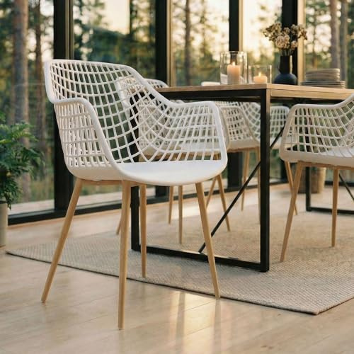 IDIMEX Lot de 4 chaises Lucia pour Salle à Manger ou Cuisine au Design Retro avec accoudoirs, Coque en Plastique Blanc et 4 Pieds en métal décor chêne Sonoma