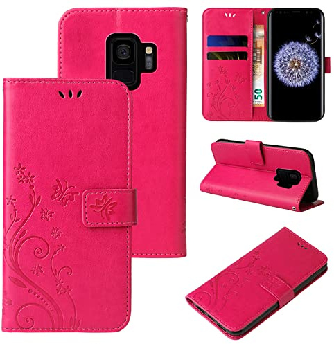 LBH Handy Hülle für Samsung Galaxy S9 Case Handytasche Schmetterling Blumen Flower Standfunktion Schutzhülle Magnet Rundum Schutz 360 Grad Flipcase Cover Pink