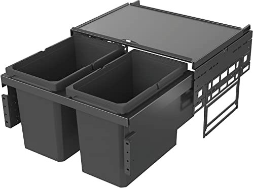VAUTH-SAGEL Envi Space Einbau Mülleimer 2 Fächer, Vollauszug Abfalleimer mit Dämpfung und integrierten Selbsteinzug 2x 22 Liter, Kunststoff lavagrau