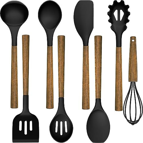 Lot de 8 ustensiles de cuisine en silicone avec poignée en bois et trou pour la cuisson et la pâtisserie, ustensiles de cuisine antiadhésifs, résistants à la chaleur, passent au lave-vaisselle (noir)