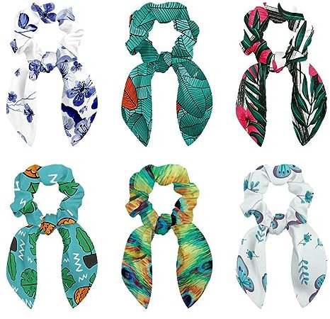 6 Pcs Hair Scrunchies -Tropical Green Palm Leaves Pattern Hair Scarf Scrunchy with Ribbon Bow, Elastic Hair Ties Ponytail Holders for Women Teenage Girls