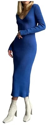 Vestido de Tubo a Media Pierna de Punto de otoño e Invierno para Mujer, Vestido Ajustado Informal de Manga Larga con Cuello en V y Espalda Descubierta