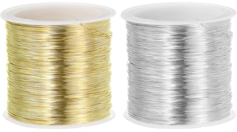 PATIKIL 28 Gauge Jewelry Wire, 2 Roll 328 Feet/100M Pure Copper Jewelry Beading Wire Soft Metal Plant Stem Ties for Jewelry Craft, Gold/Silver (0.012)
