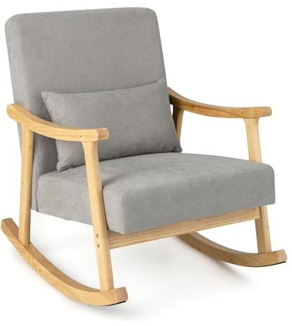 COSTWAY Relax Rocking Chair, Linen Fabric Upholstered Rocker Accent Chair with Lumbar Pillow, Solid Wood Modern Leisure Lounge Armchair for Living Room Bedroom Nursery (Grey+Natural, 88 x 65 x 82cm)