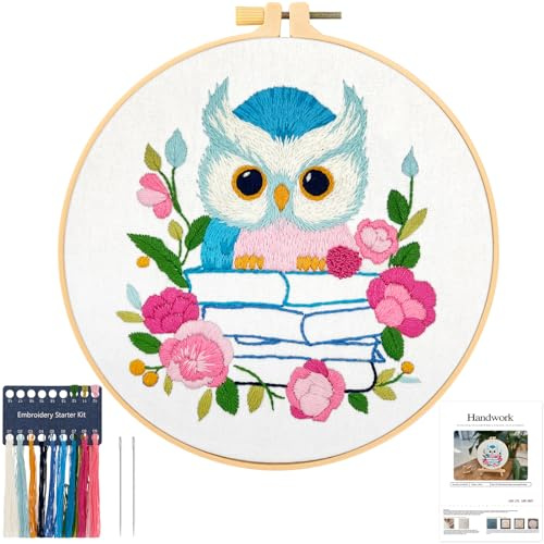 JSRQT Búho Kit de Inicio de Bordado,Bordar a Mano Kit Principiantes con Patrones, Kit de Herramienta de Punto Cruz a Mano para Adulto Principiantes