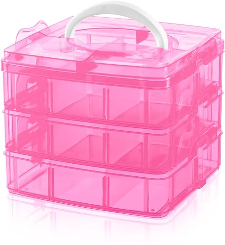 Daletu Sortierboxen für Kleinteile mit Deckel, Plastik Aufbewahrungsbox Klein für Metallteile, Perlen, Bausteine, Drei Etagen mit Herausnehmbare 18 Fächer, Transparent, Rosa