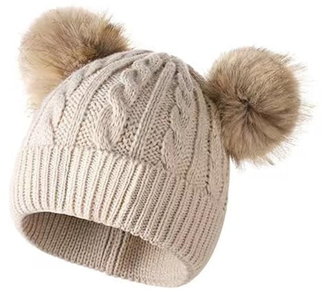 AYNKH Winter Warm Chunky Bobble Hat, Satin Lined Thermal Knit Beanie for Women Girls with Faux Fur Double Pom Ears, Fashion Soft Ski Snowboard Hat Valentines Gifts Off-White