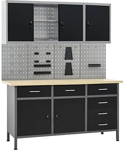 IKAYAA Banco de Trabajo de Acero con Cuatro Paneles de Pared y Dos Armarios, Mesa de Trabajo Taller, Banco de Trabajo Taller, Mesa Trabajo, Banco de Carpintero, Banco Herramientas