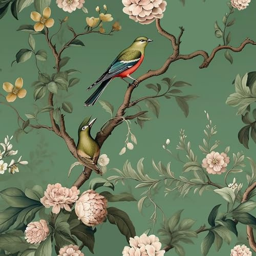 VEELIKE Tapet, blommor, fågel, salvia, grön, vintage, blomtapet, grön, mönstertapet, 44,5 cm x 300 cm, chinoiserie, tapet, fågel, fototapet, sovrum, badrum, väggdekoration, avtagbar hyresvänlig