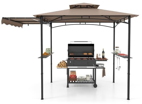 COSTWAY Grillpavillon mit Seitenmarkise, Doppeldach, 2 Seitenregalen & Haken, Gartenpavillon BBQ Pavillon, Grillüberdachungen wetterfest, Grillunterstand Garten Partys, 318x153x250 cm (Braun)