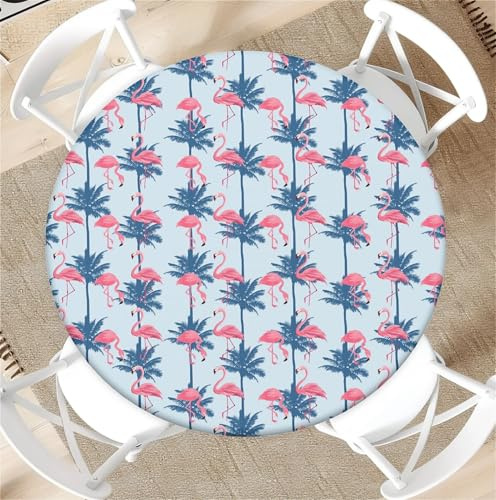 Outdoor Runde Tischdecke mit Gummizug Ø 60in-150cm- Elastisch Garten tischdecke mit Flamingopalme Muster Passend für 135cm-145cm
