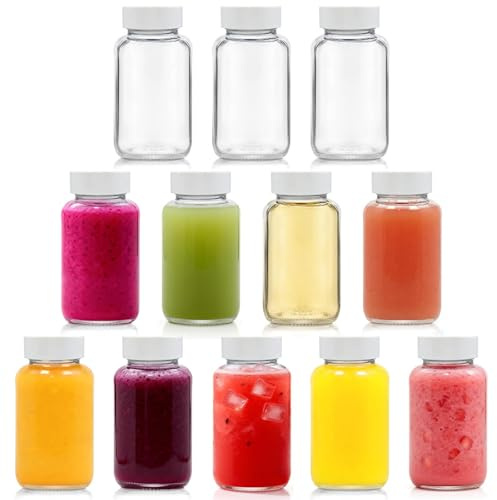 LIMILI 12 botellas de chupito de vidrio de 120 ml con tapas, reutilizables, pequeñas botellas de jengibre transparentes, boca ancha, a prueba de fugas, mini para beber, aptas para lavavajillas y