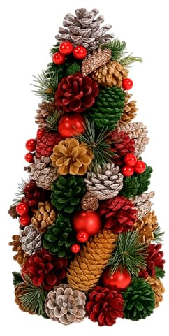 TIENDA EURASIA – Árbol de Navidad | Madera, PVC, PE | 16x16x32 cm | Multicolor | con Piñas de Distintos Tamaños y Colores, Bayas y Bolas Rojas con Agujas de Pino Artificial | Decoracion Navidad