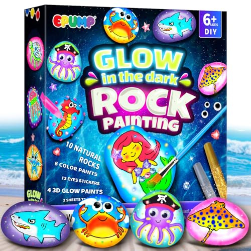 EPUMP Rock Painting Kit for Kids, Glow in the Dark Natural Stone Paint Set, DIY Arts and Crafts Kit for Kids Ages 6-12, Creative Gift for Boys and Girls