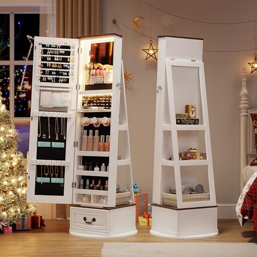 FREDEES 360° Swivel Jewelry Organizer with Full Length Mirror, White | with Lights, Standing Cabinet with Drawers, Large Storage for Living Room, Bedroom, for Mom, Wife & Girls