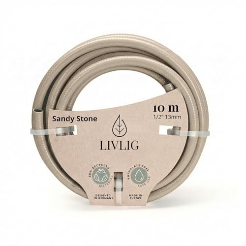 LIVLIG Manguera Jardin 10m – Manguera de Riego Flexible, 60% Reciclado, Resistente UV, Antitorcion, 1/2 Pulgada, Beige