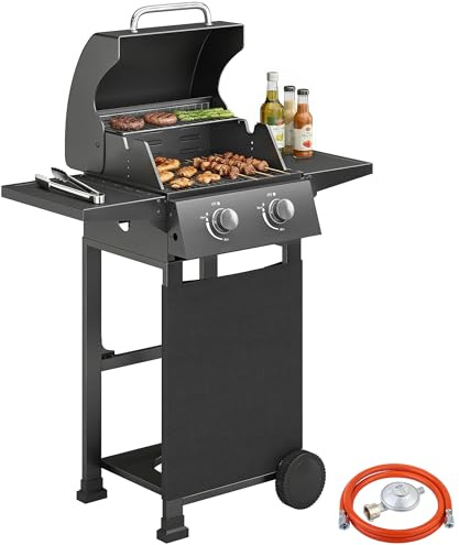 Outsunny Gasgrill 5,4 KW 2 brännare stål BBQ grillvagn inkl. fällbart sidobord termometer förkromad grillgaller varmhållningsgaller rulle underskåp, gasgrill för balkong fest BBQ svart