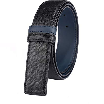Vatee's Ceintures réversibles en cuir véritable sans boucle pour sangle de ceinture de remplacement pour Hommes 34mm de large 125cm longue Noir&Bleu