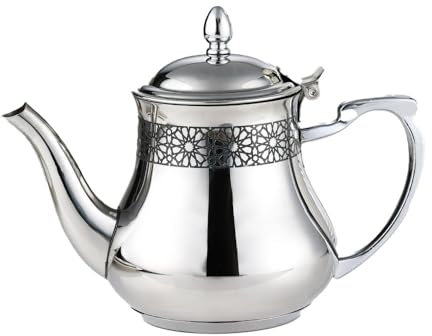 Orientalische Induktions-Teekanne 1,5 L, Teapot aus Messing, mit integriertem Filter, traditionelles Modell, Arabische Kanne silberfarbig mit Deckel, Teekocher, Teewärmer & Teebereiter