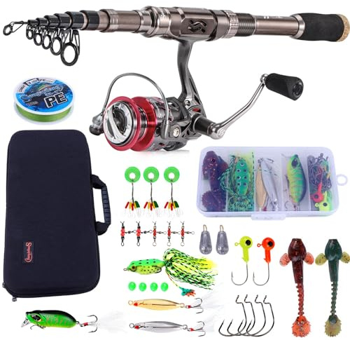 Sougayilang Combos de caña y Carrete - Varilla telescópica de Fibra de Carbono - Molino Giratorio 12 +1 BB con Bolsa de Transporte para Agua Salada y Kit de Engranajes de Agua Dulce (Plata 7ft -3000)