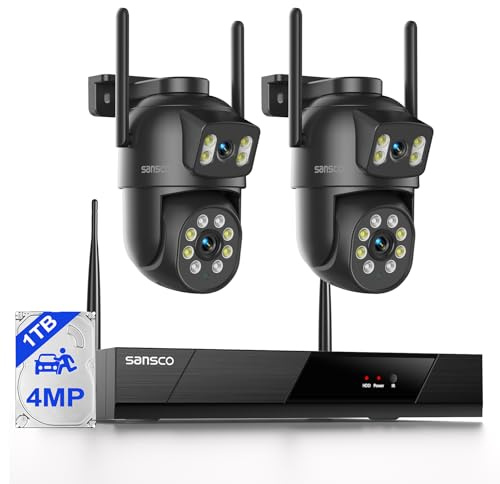 SANSCO 4MP Dual Lens Wireless CCTV Security Camera System with 1TB HDD, 16CH NVR, 2x 360° View PTZ WiFi Camera Outdoor, Auto Tracking, Color Night Vision,Human Detection, 2-Way Audio, 24/7 Recording