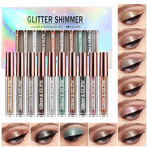 10PCS flüssiger Glitter Lidschatten Metallischer Schimmer Schweißfestes Make-up Set, Pressed All Highly Pigmented Blending Powder,Perfect For Every Woman & Girl (10pcs)