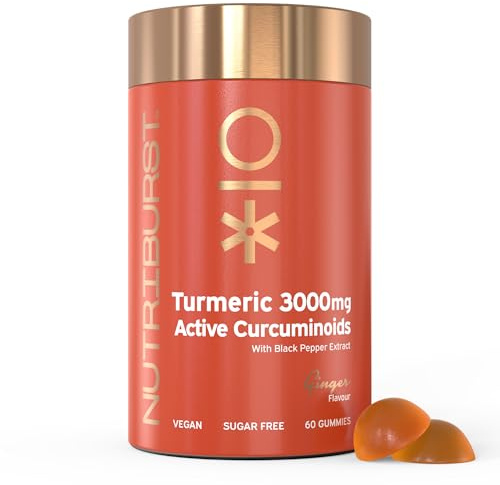 Nutriburst Turmeric Curcumin with Black Pepper Extract - Powerful Antioxidants & Anti-inflammatory, Supports Joint & Muscle Health - Vegan, Sugar Free - 60 Ginger Gummies - 1 Month Supply