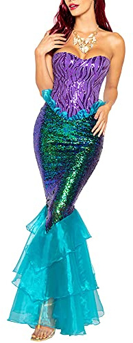 Achlibe – Costume de sirène adulte sans manches, débardeur à volants avec paillettes, longue queue, pour cosplay, déguisement d'Halloween, a-bleu, S