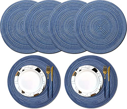 6 Stück Rund Gewebte Tischsets, 38cm Platzset Abwaschbar Aus Baumwolle, Hitzebeständig für Party, Hochzeit, Küche, Restaurant (Blau)