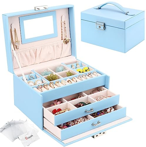 Jewellery Box Organiser, 3 Layers PU Leather Jewelry Storage Case with Mirror and Lock, Lockable Jewellery Organiser with 2 Drawers for Rings, Bracelets, Earrings, Sky Blue