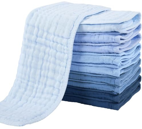Yoofoss Tyglappar, 10 st. muslinblöjor, dregellappar, 100 % bomull, 27 x 50 cm, tygblöjor, tvättlappar, absorberande tvättlappar i 6 lager, vikbara blöjor för spädbarn, färggradient, blåa