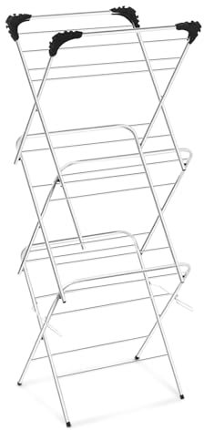TIENDA EURASIA - Tendedero 3 Alturas Estrecho, Vertical, Metal Hierro y Plástico PP, Color Blanco, 47cm x 41cm x 136cm, Tubo 12mm, Cable: 3mm, Plegable