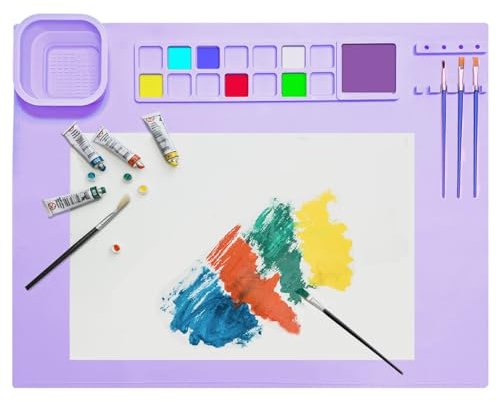 TENQUAN Silikon Malmatte, 51x41cm Silikon Bastelmatte mit Becher,Bastelunterlage, Malunterlage Abwaschbar Antihaft Silikonmatte basteln für Malen Basteln,Kunst, Kreation (Grün)