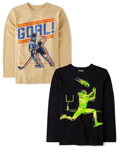 The Children's Place,Boys,Sports Long Sleeve Graphic T-Shirts,Multipacks,Hockey Goal/Football Neon 2-Pack,Small